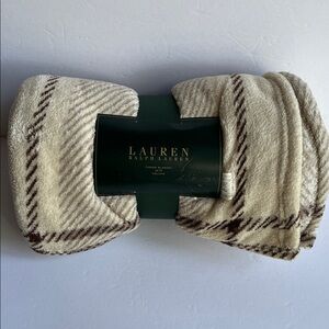 Ralph Lauren Throw Fleece Blanket Cream and Brown Plaid NWT